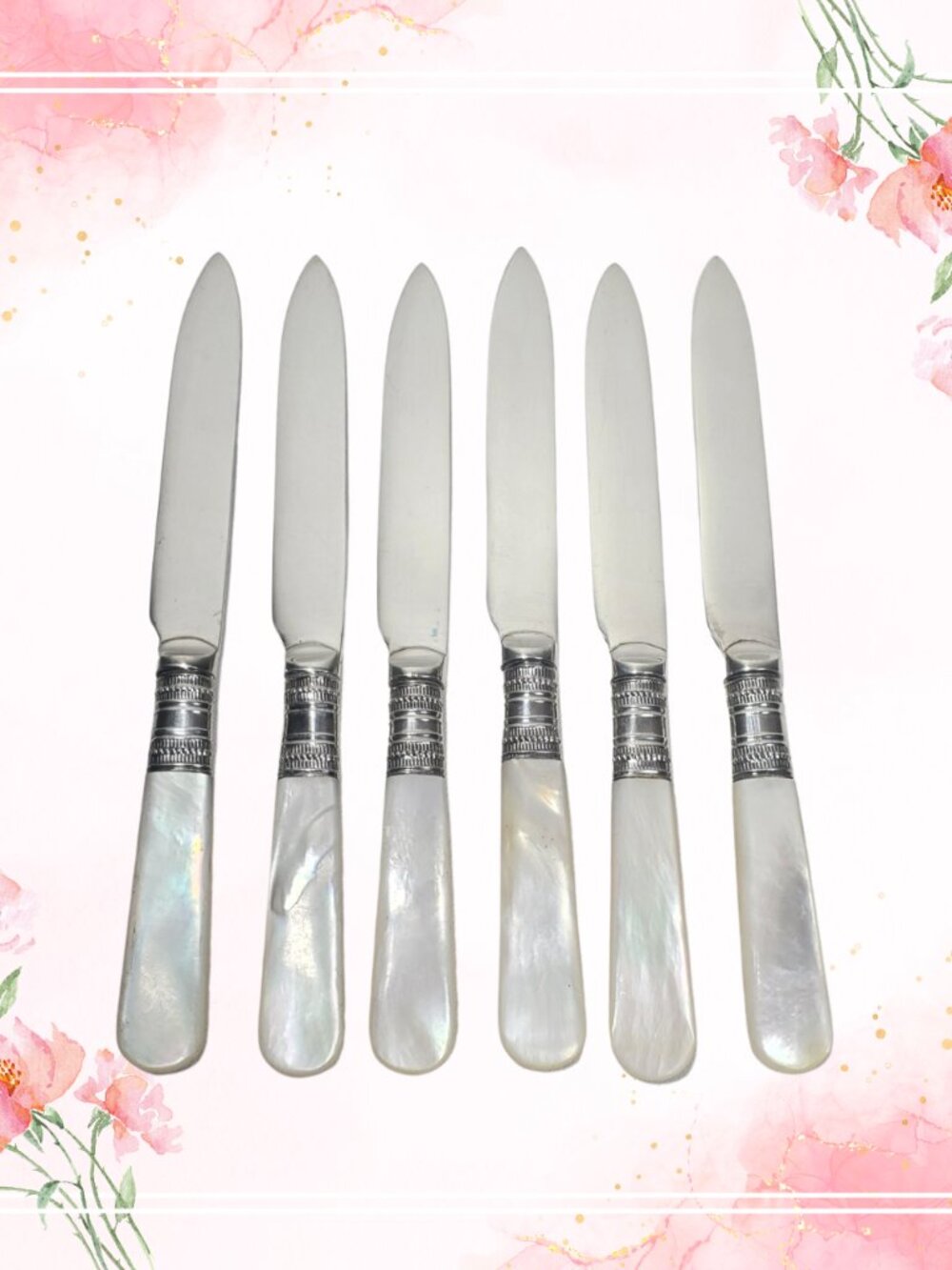 6 Antique Mother of Pearl Handle Dessert / Butter Knives – 6"